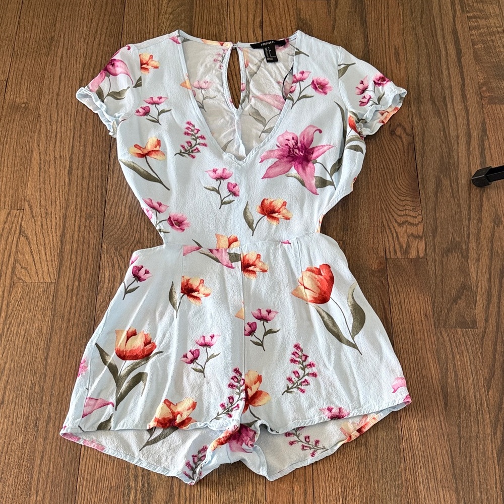 Forever 21 White Floral Romper with Pink & Orange Flowers